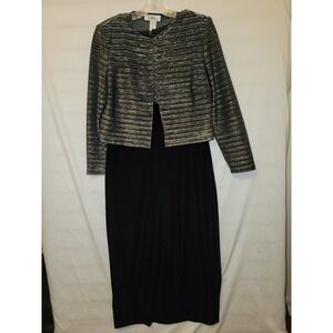 Patra Black Velvet Jacket Dress 14 Silver Stripe Long Evening Stretch Vintage C3